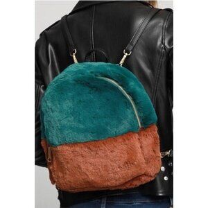 Faux Fur Backpack Teal Brown NEW Travel Vacation School Academia Fuzzy